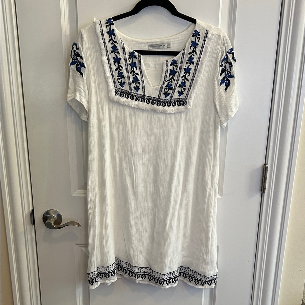 Paper Crane White Tunic Dress with Blue Embroidery